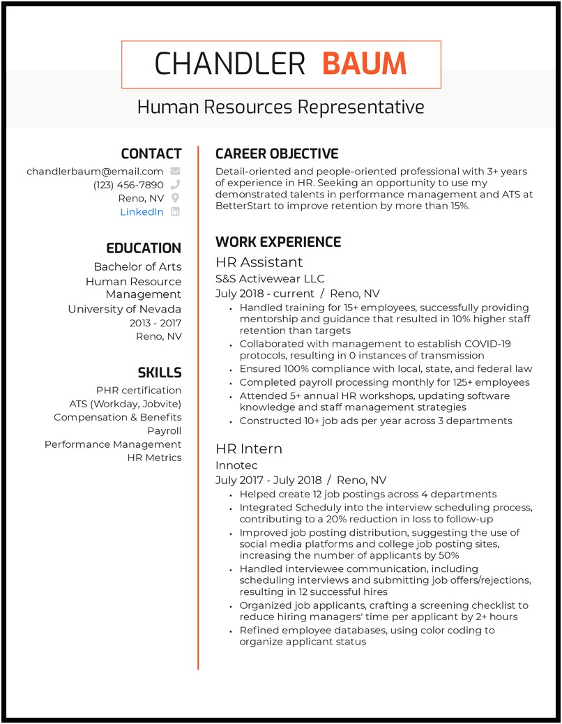 Sample Human Resources Resume For An Intern