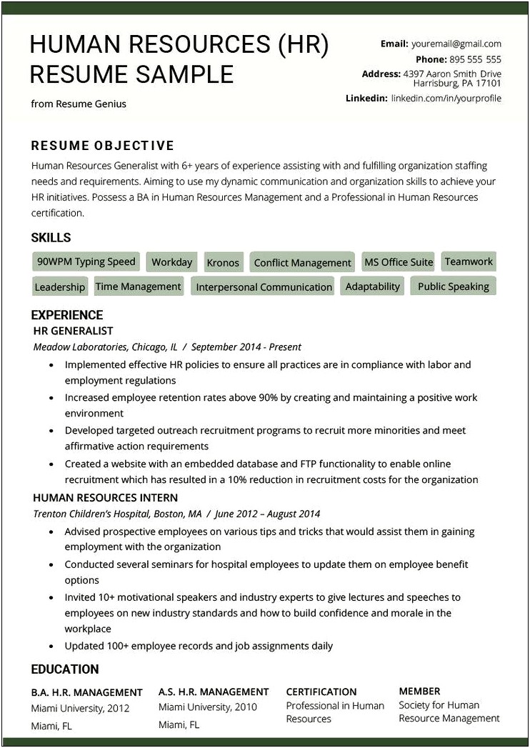 Sample Human Resources Resume Or An Intern