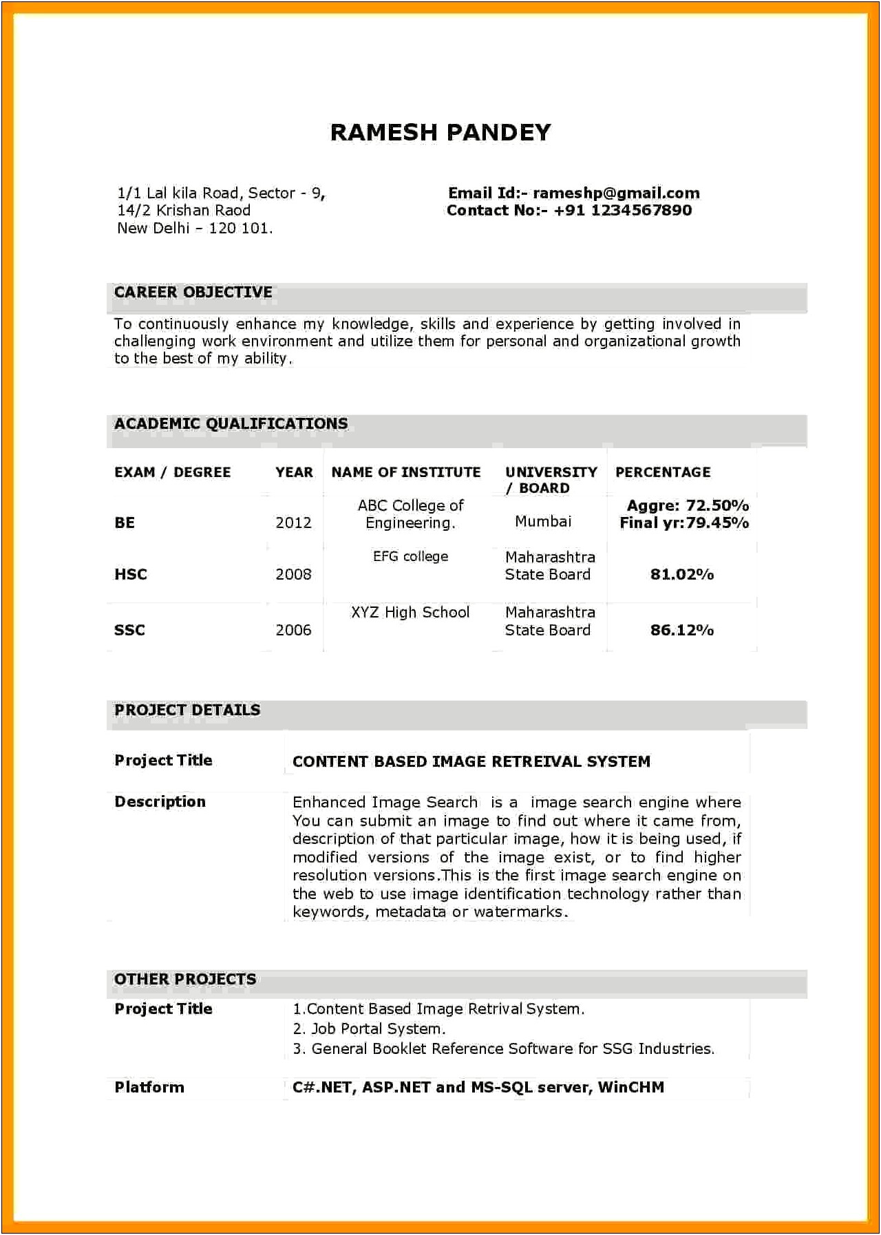 Sample Indian Resume Format For Freshers