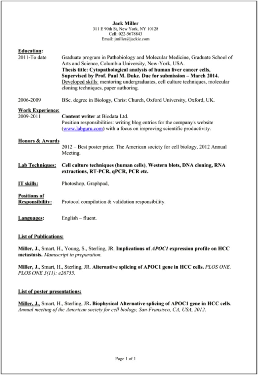 Sample Internship Resume For Computer Science