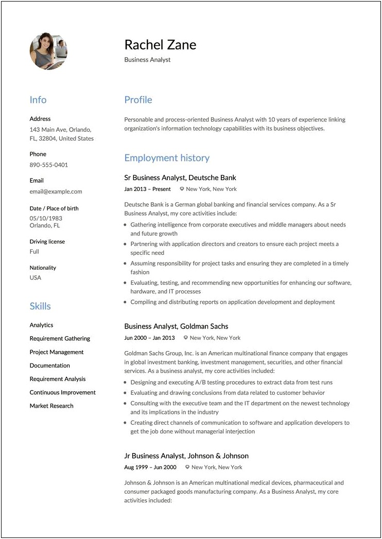 Sample Johnson And Johnson Business Analyst Resume