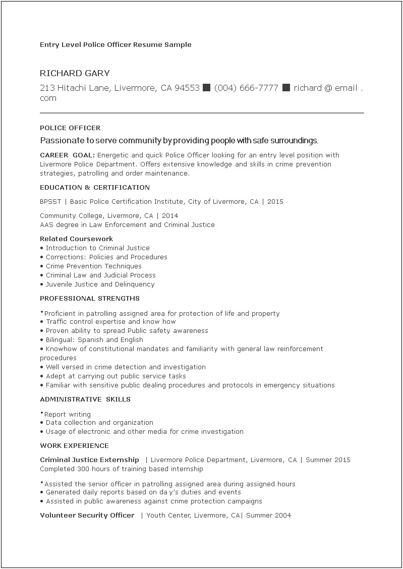 Sample Law Enforcement Resume No Experience