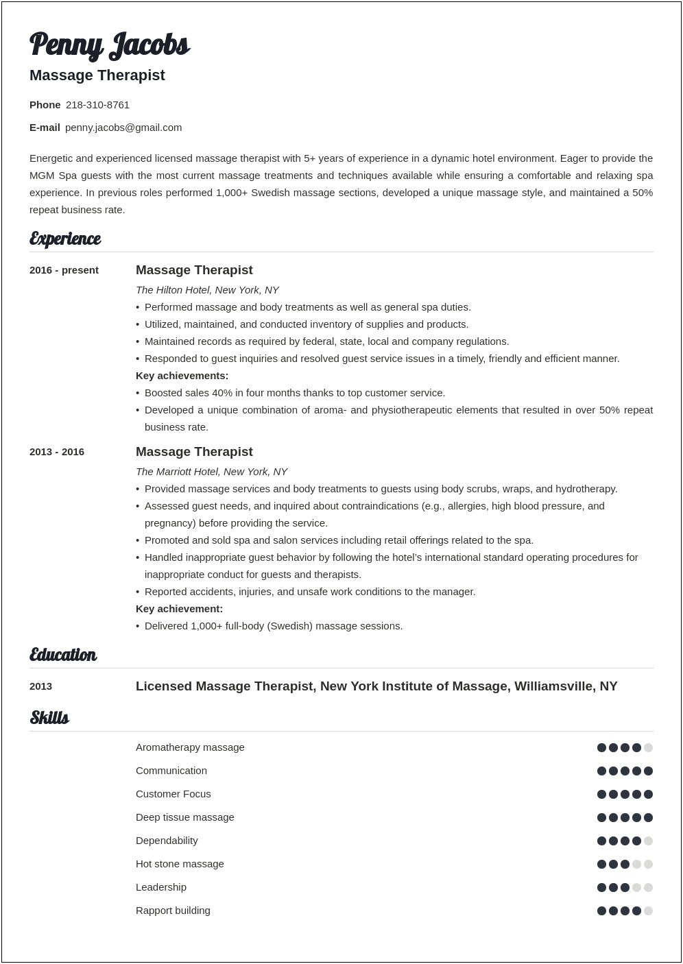 Sample Massage Therapist Resume Entry Level