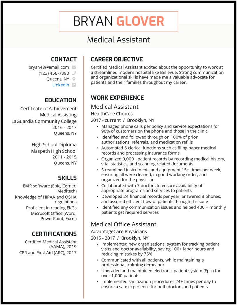 Sample Medical Assistant Duties For Resume