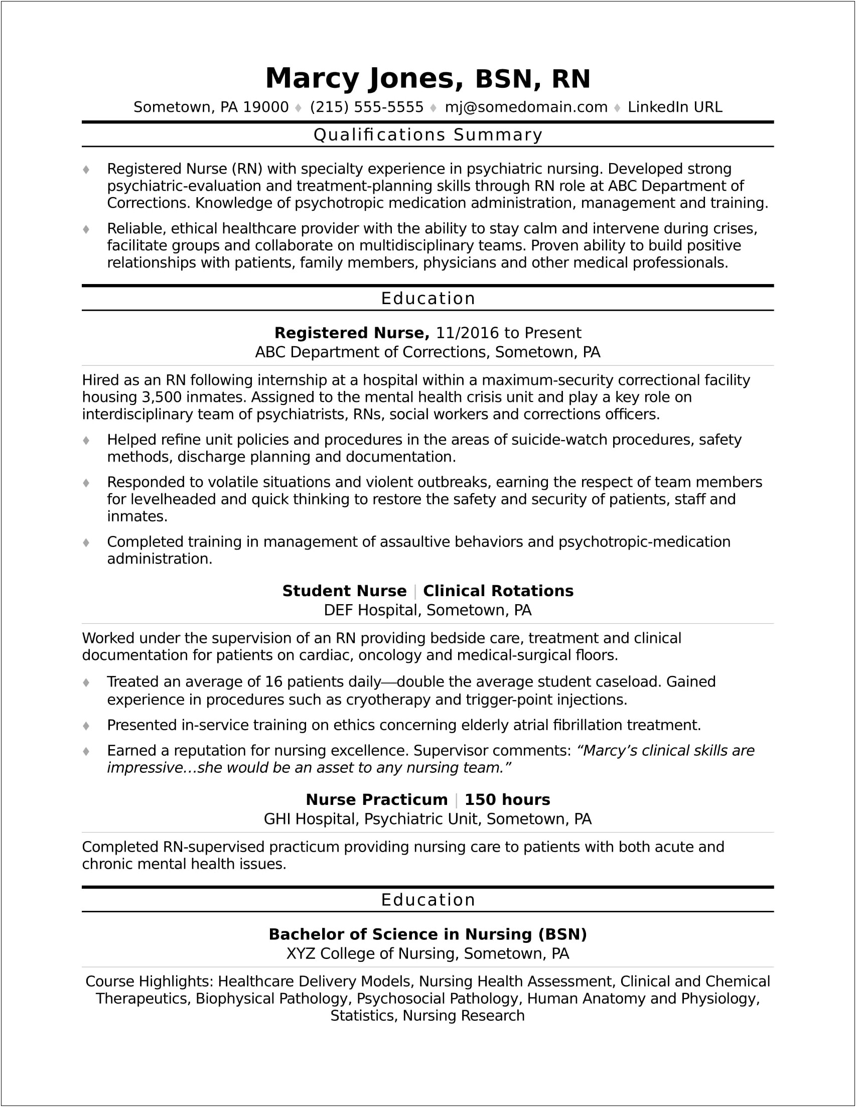 Sample New Grad Registered Nurse Resume