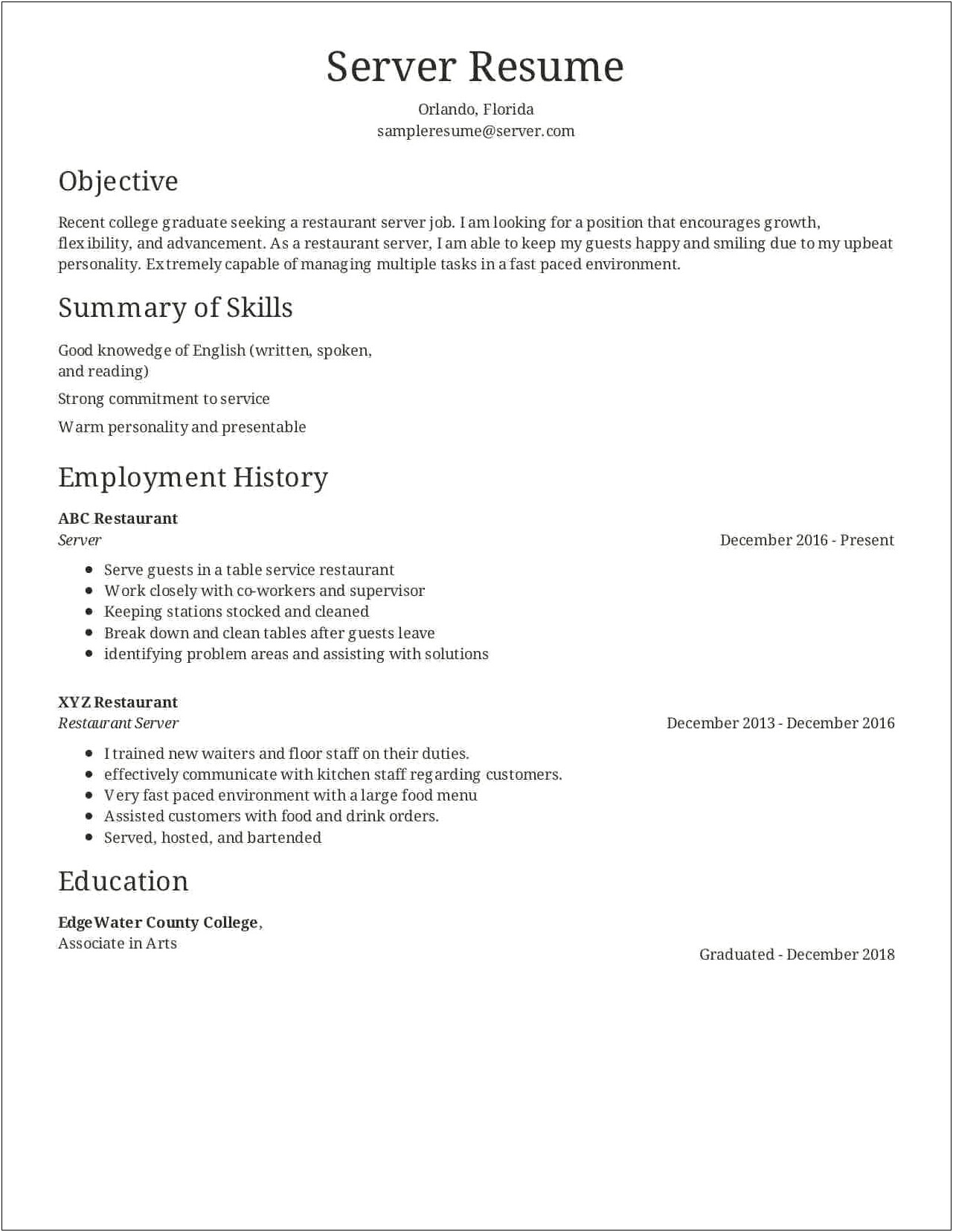 Sample Objective For Food Service Resume