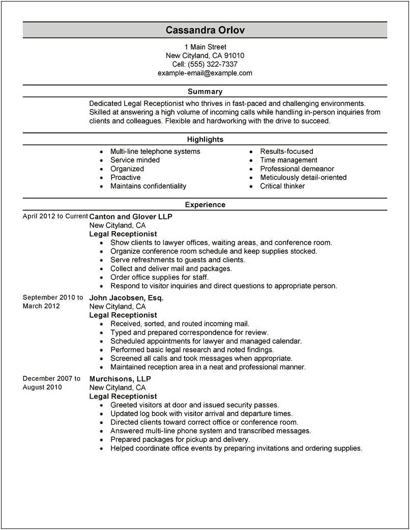 Sample Objective For Medical Receptionist Resume