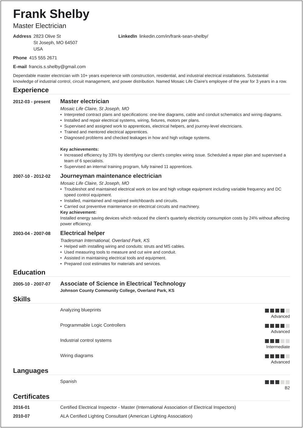 Sample Objective For Resume For Electrical Apprentice