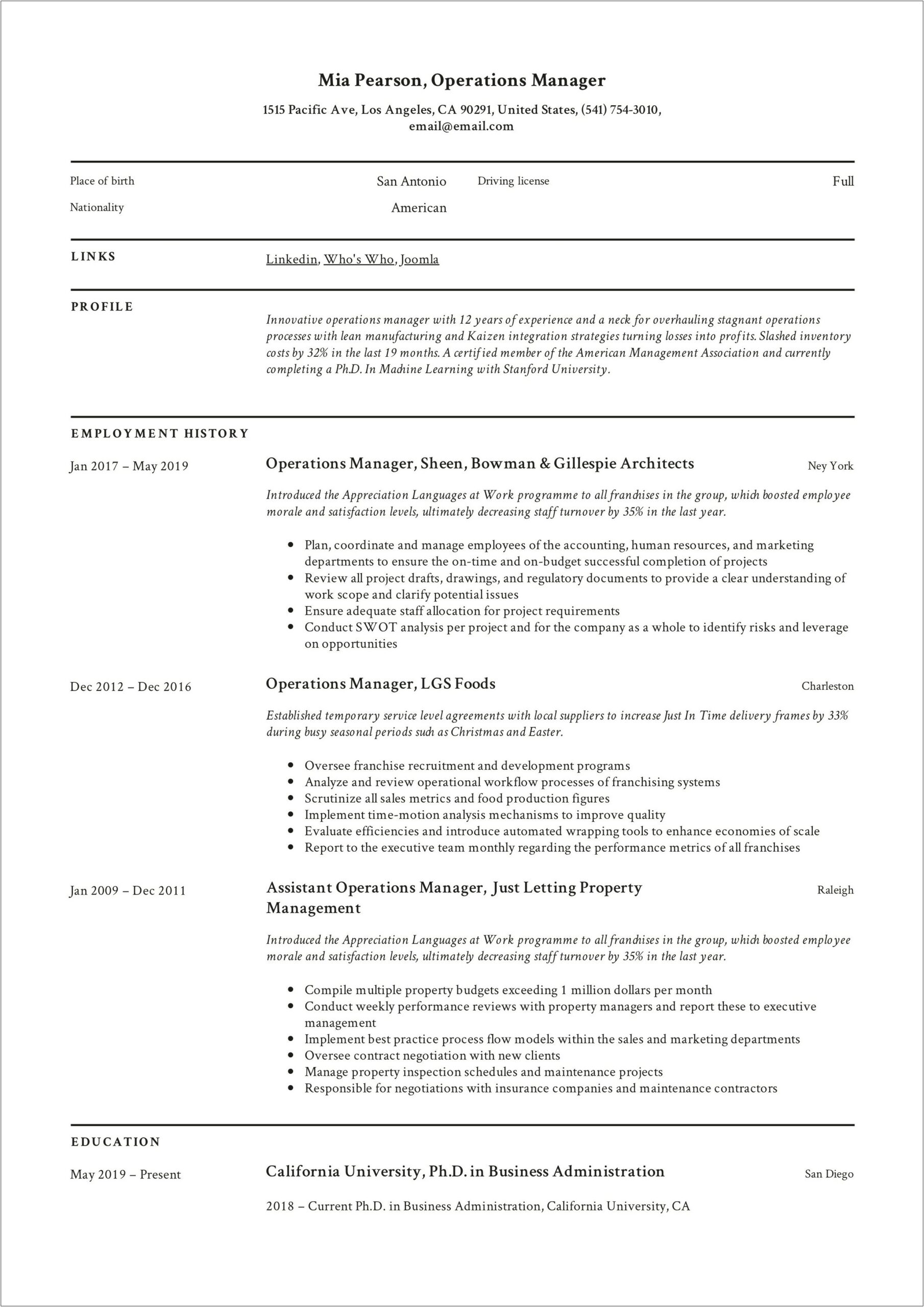 Sample Objective For Resume For Operations Management