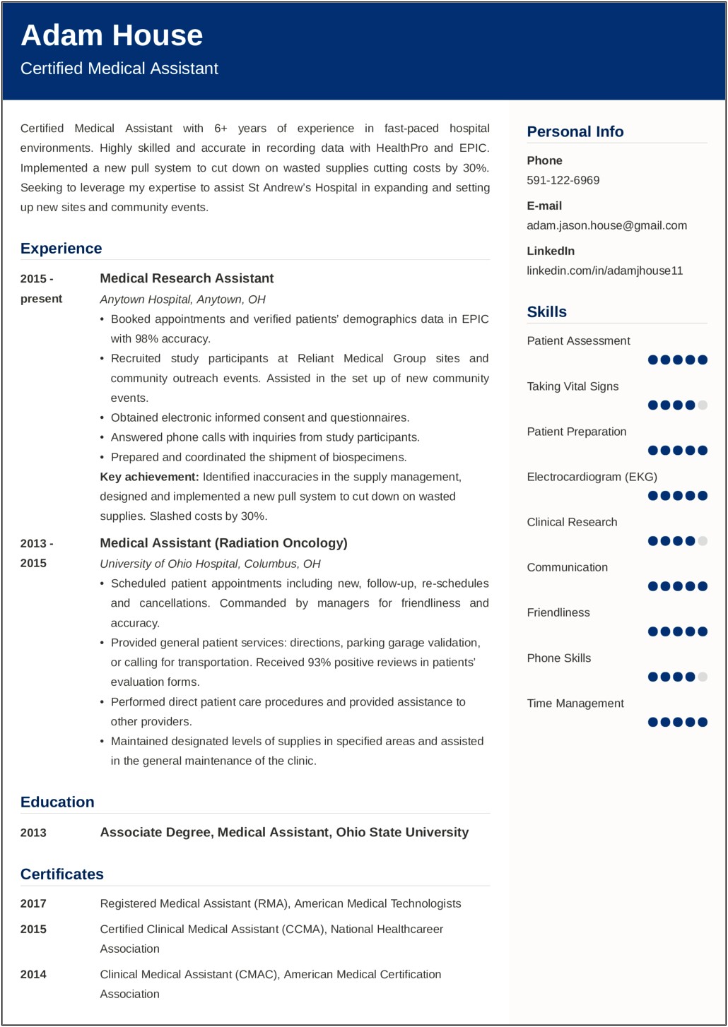 Sample Objectives For Resume For Medical Assistant