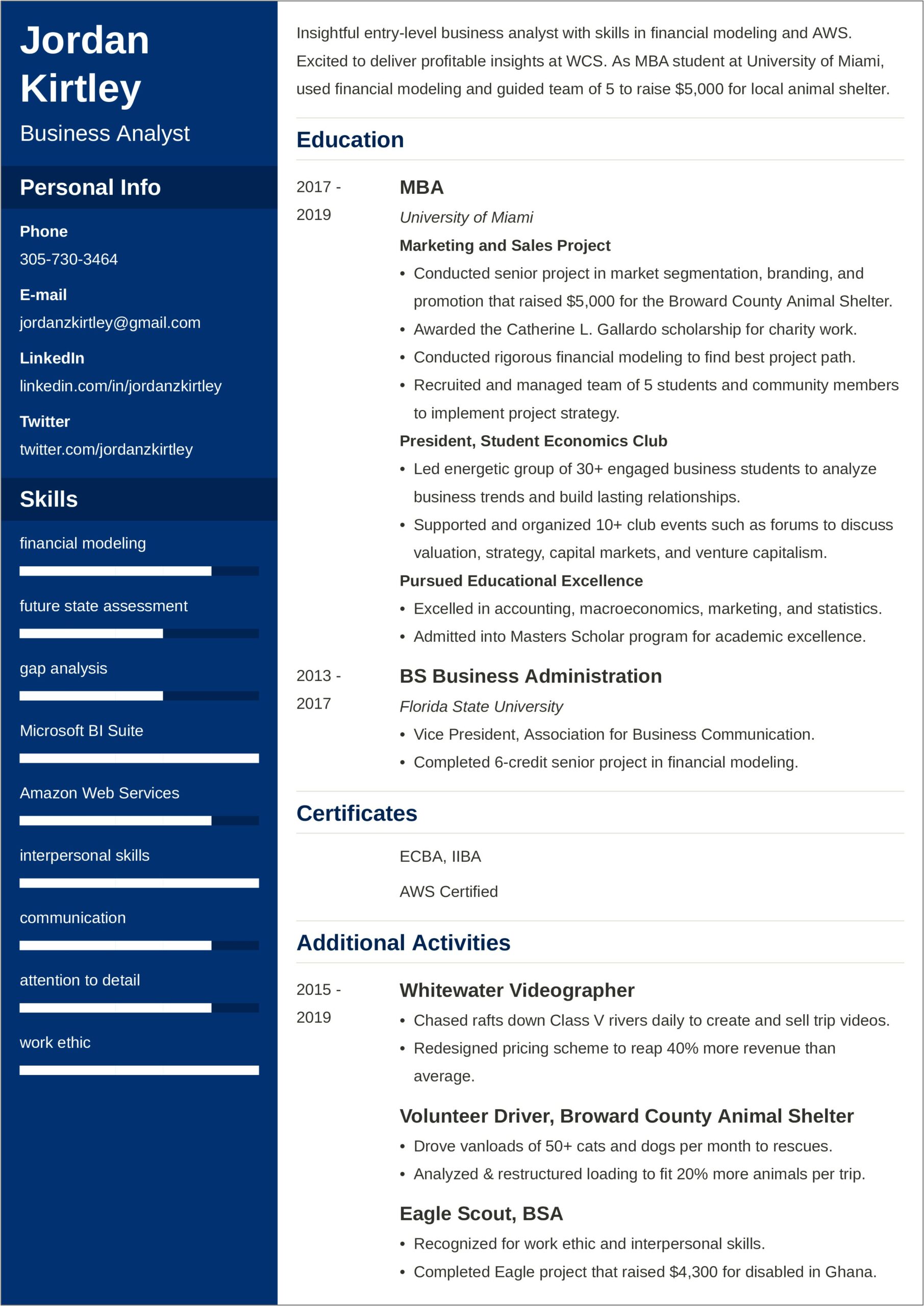 Sample Of A Business Analyst Resume