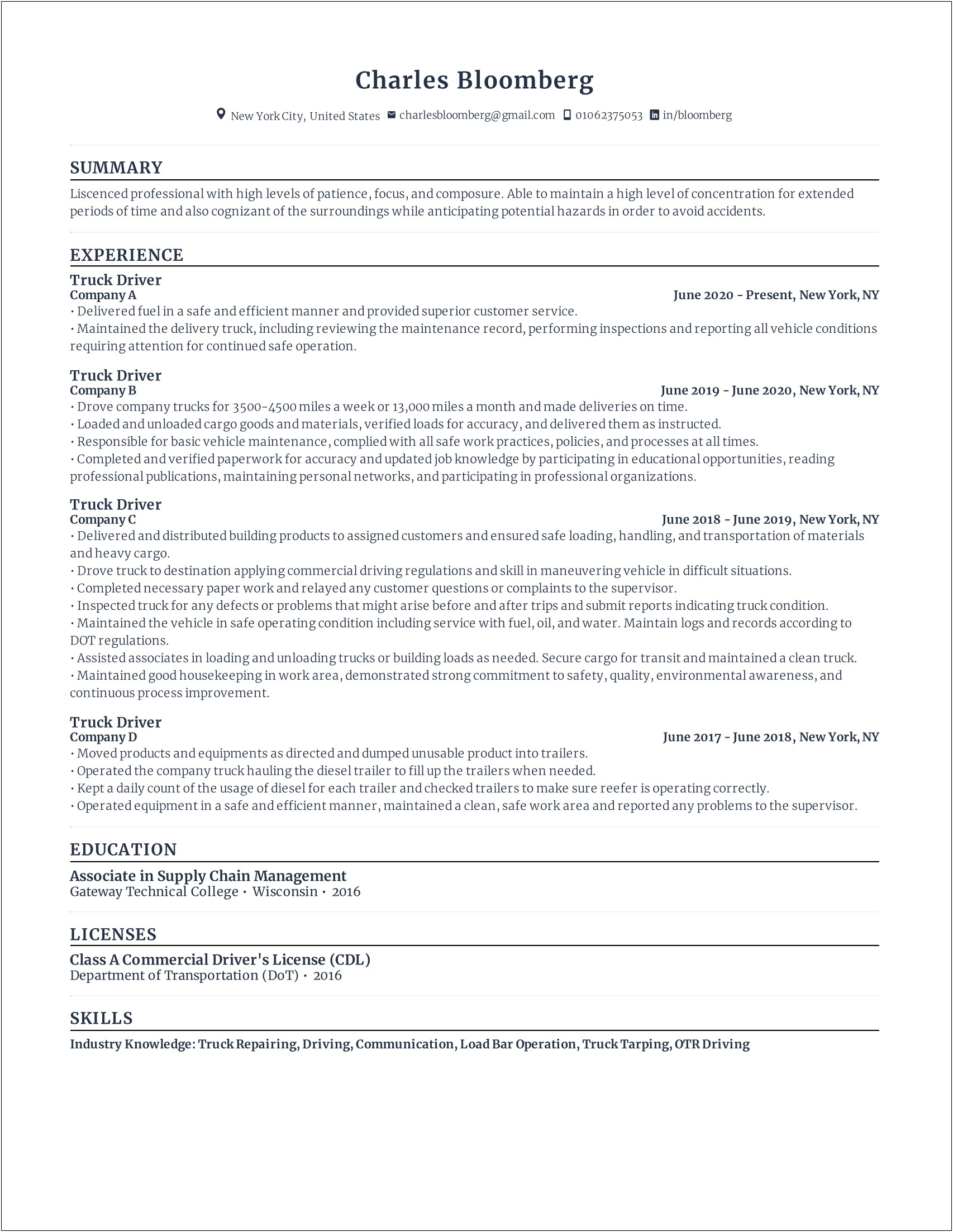 Sample Of A Cdl Truck Driver Resume