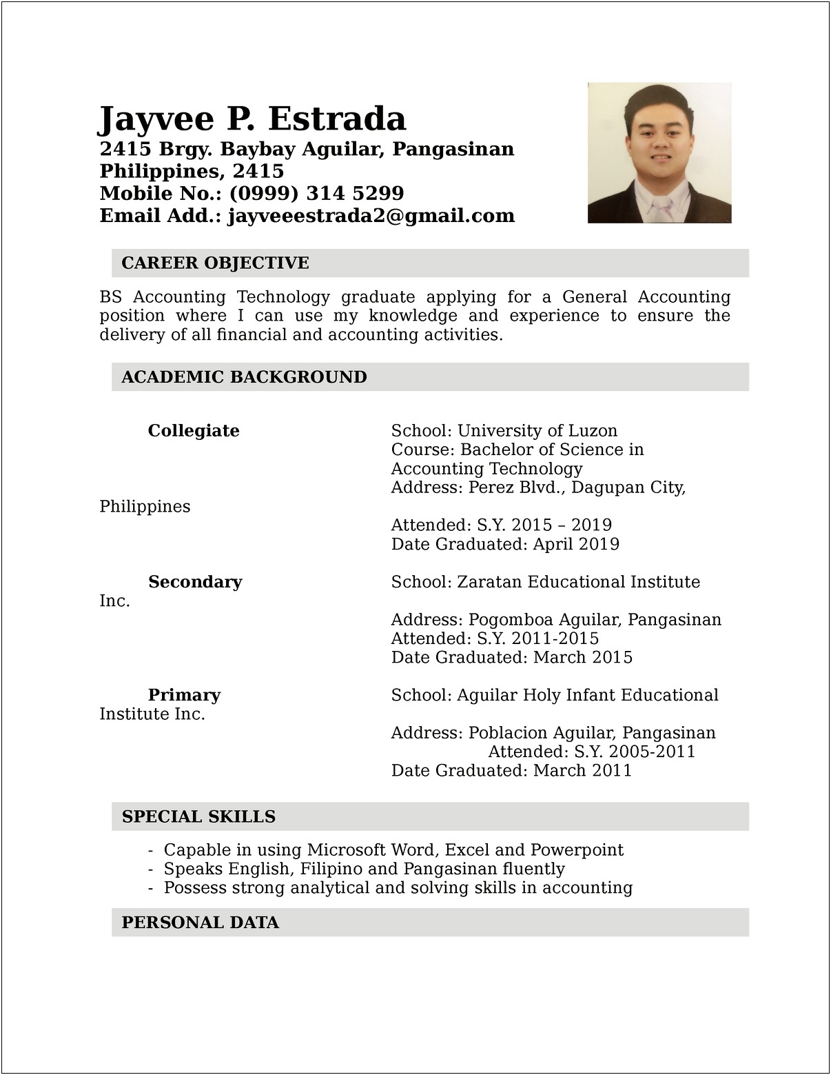Sample Of A Good Resume Philippines