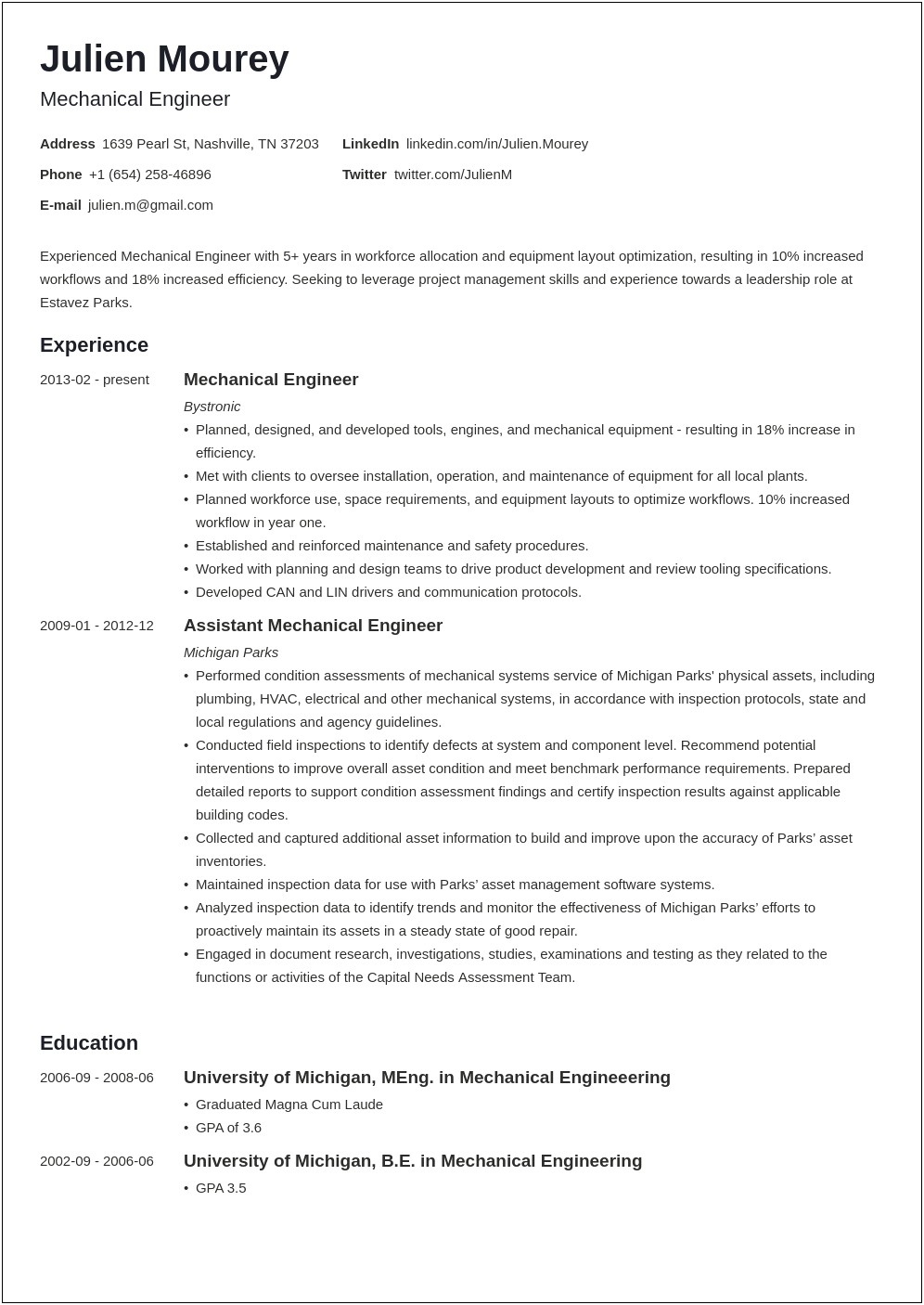 Sample Of A Mechanical Engineer Resume