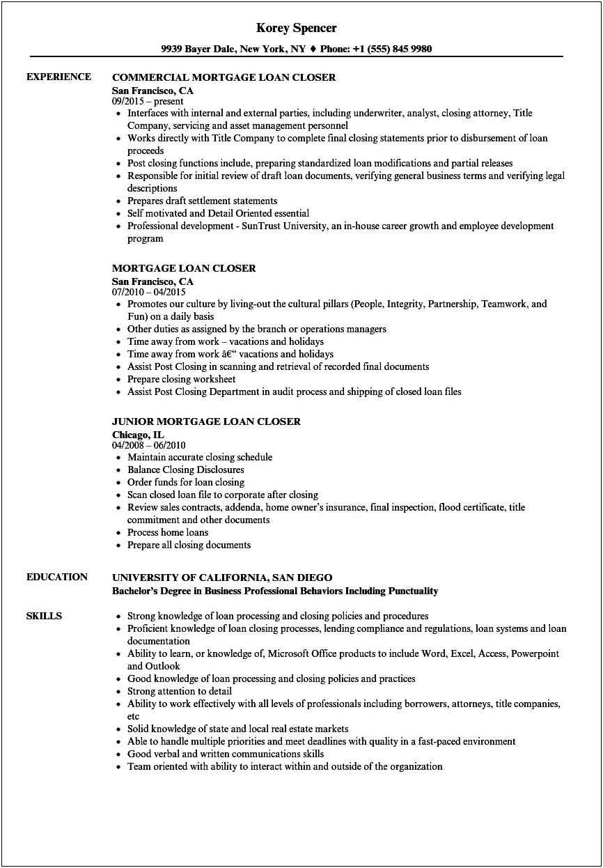 Sample Of A Mortgage Closer Resume