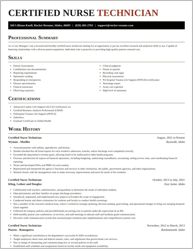 Sample Of A Nurse Technician Resume