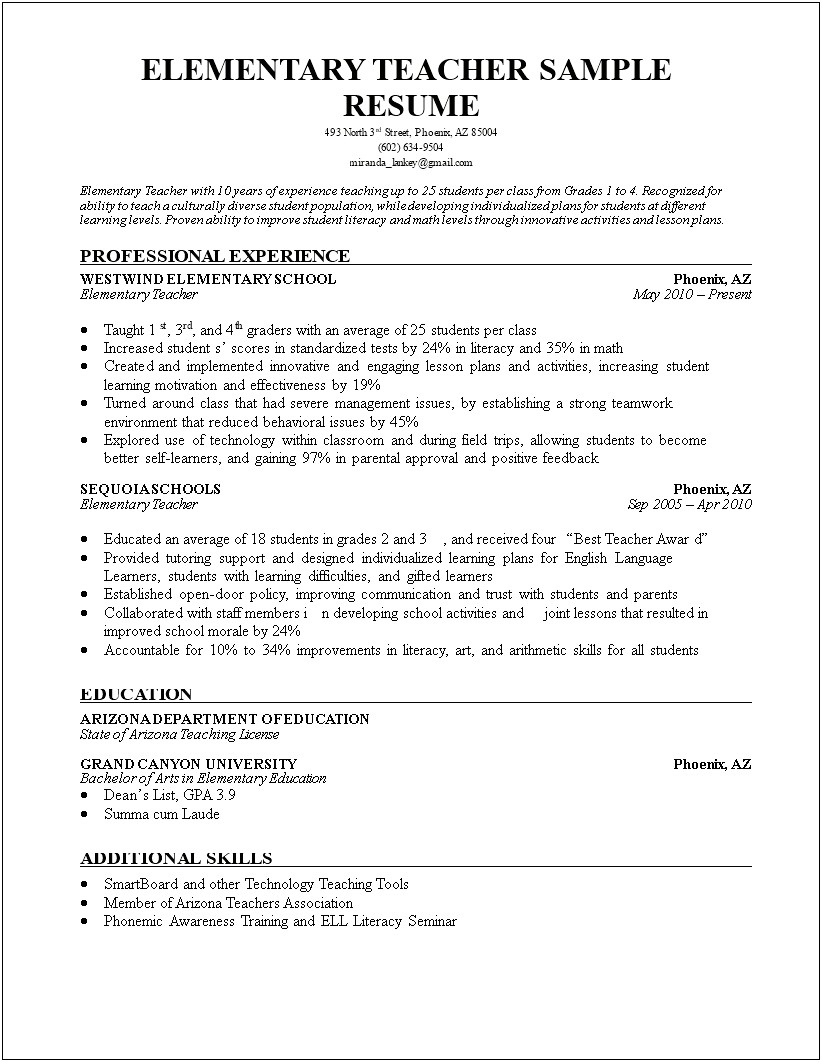 Sample Of A Resume For A Teaching Job