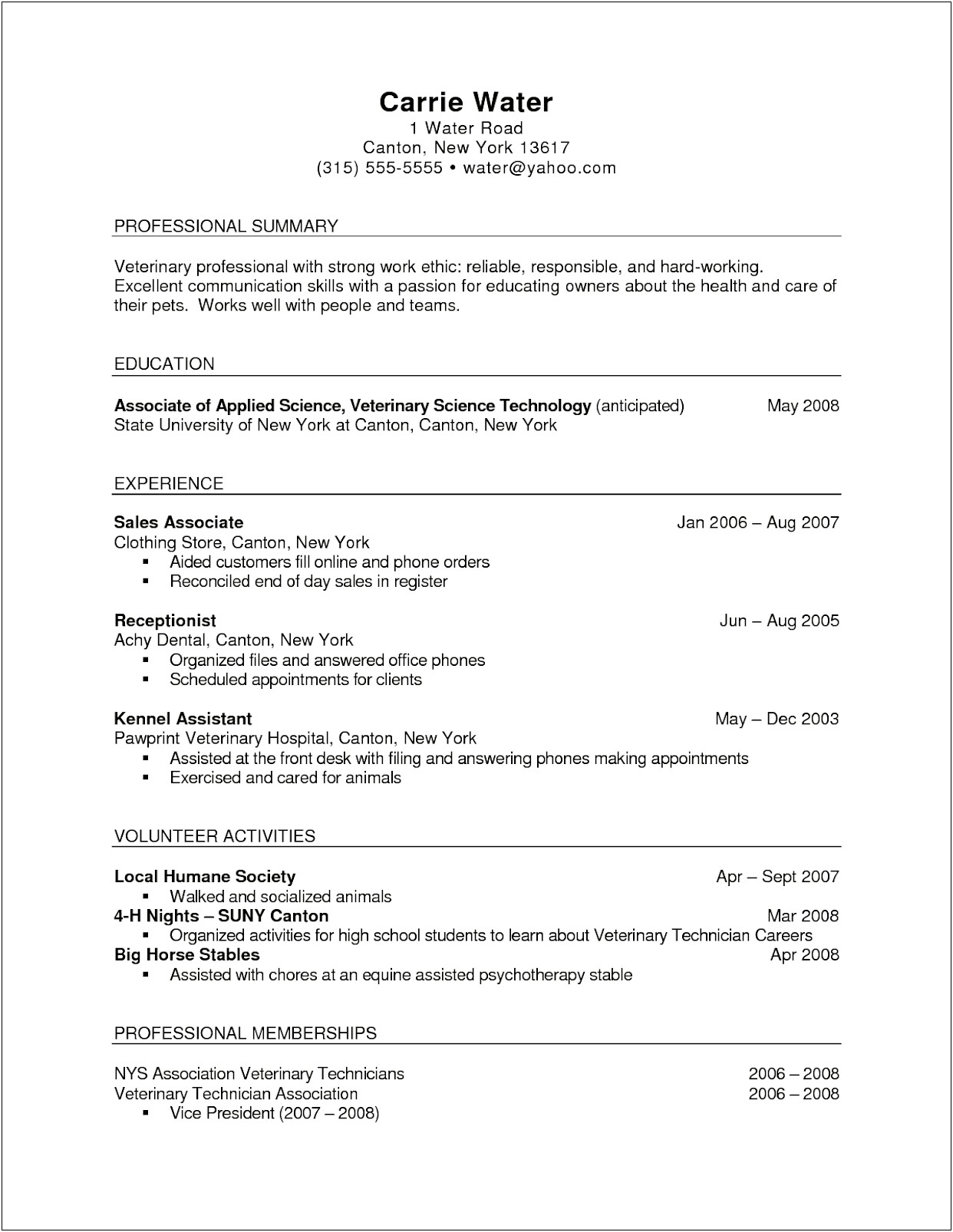 Sample Of A Vet Tech Resume
