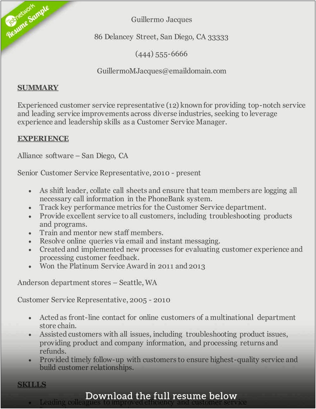 Sample Of Customer Service Associate Resume