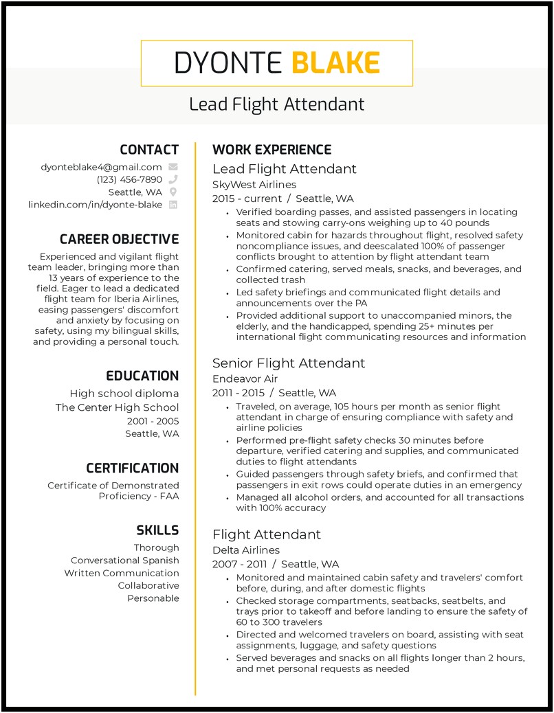 Sample Of Flight Attendant Resume Summary