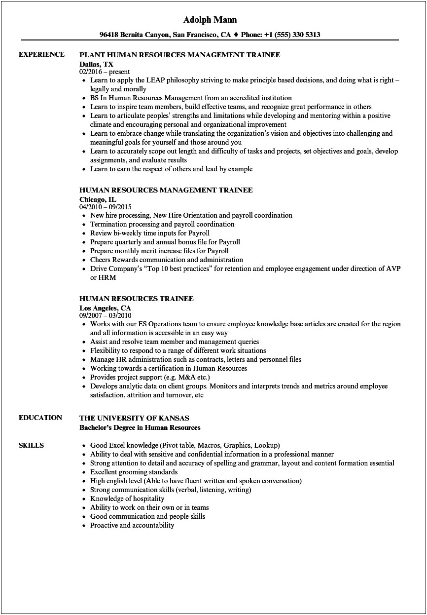 Sample Of Graduate Resume Of Human Resource Manager