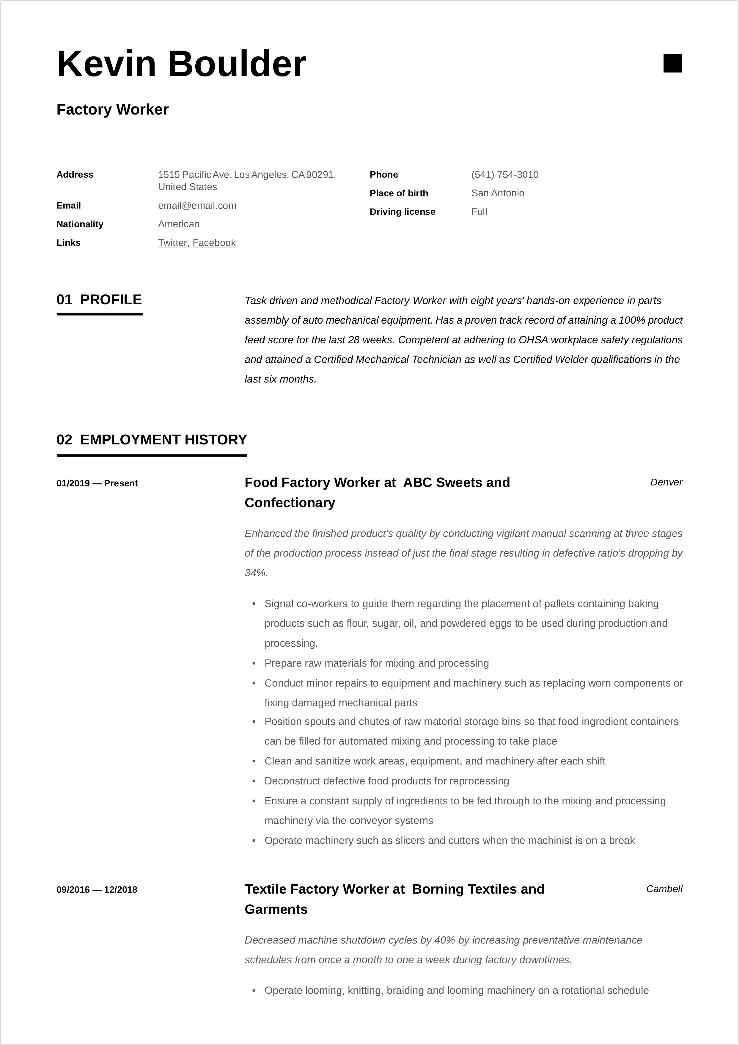 Sample Of Objectives For Assembly Line Worker Resume