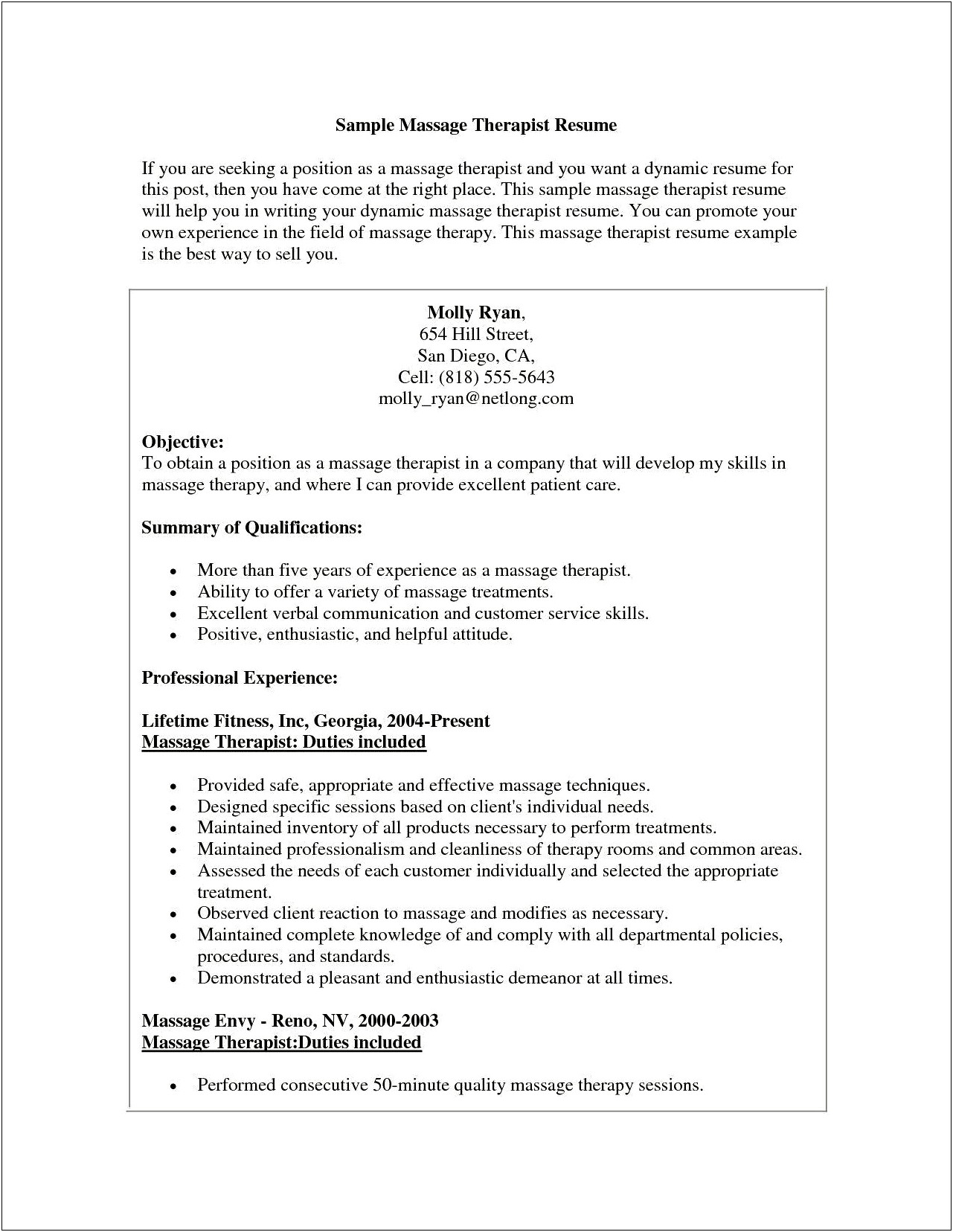 Sample Of Remedial Massage Therapist Resume