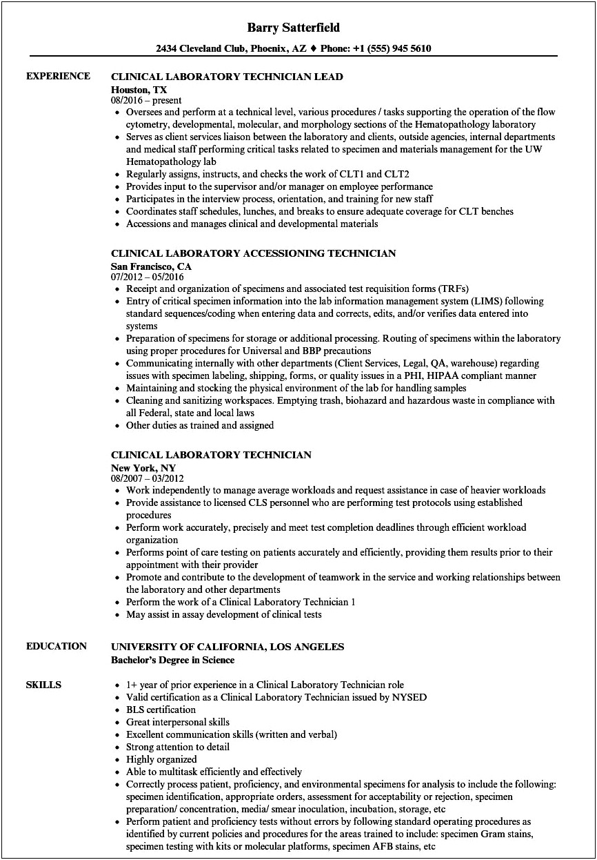 Sample Of Resume Clinical Laboratory Scientist