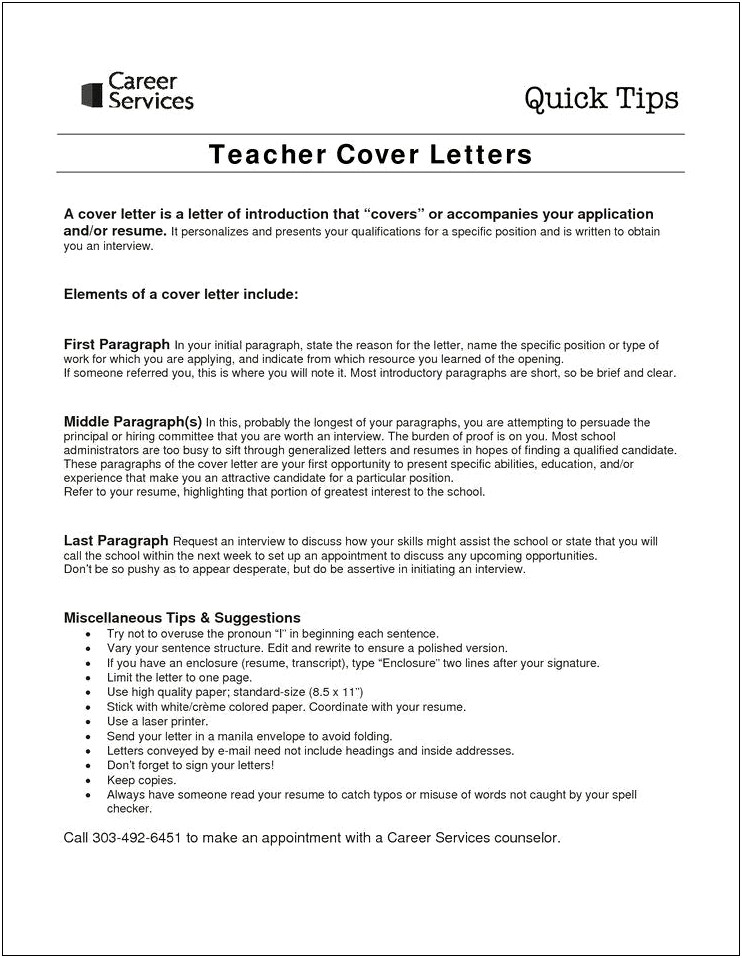 Sample Of Resume Cover Letter For Teacher