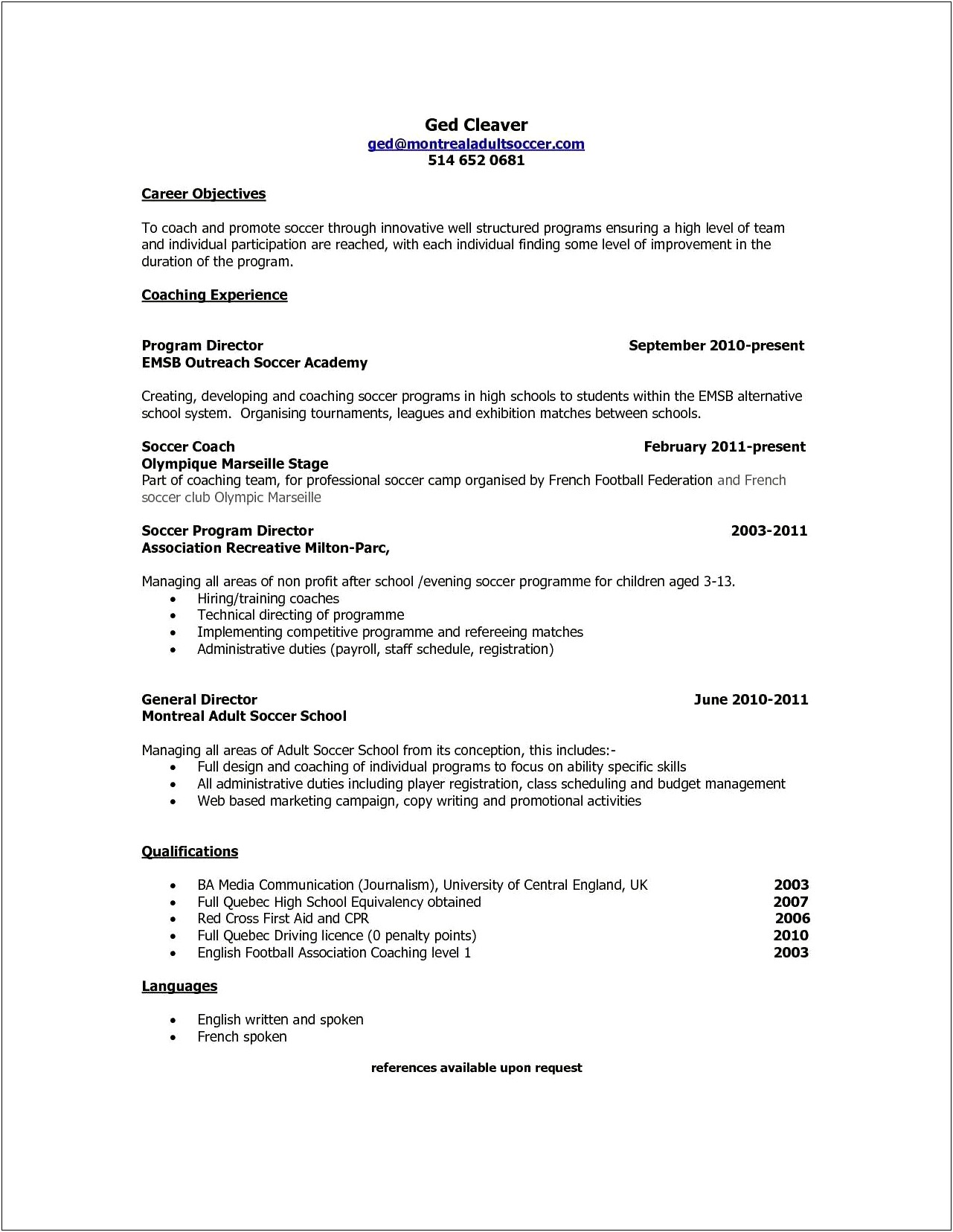 Sample Of Resume For A Closing Cook Ged