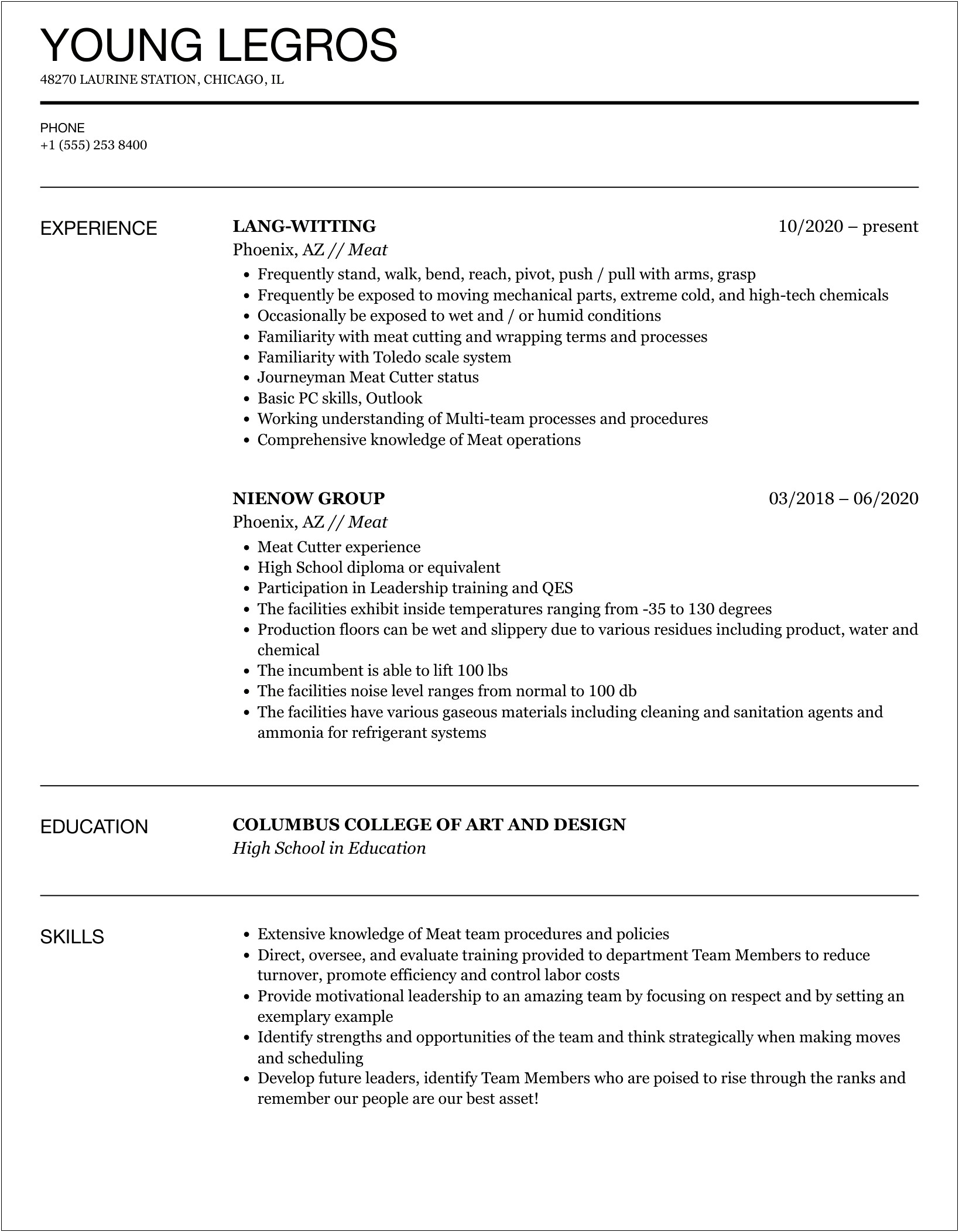 Sample Of Resume For Chicken Plant Trainee