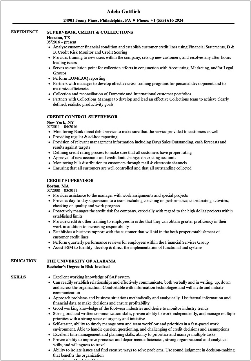 Sample Of Resume For Credit And Collections Supervisor