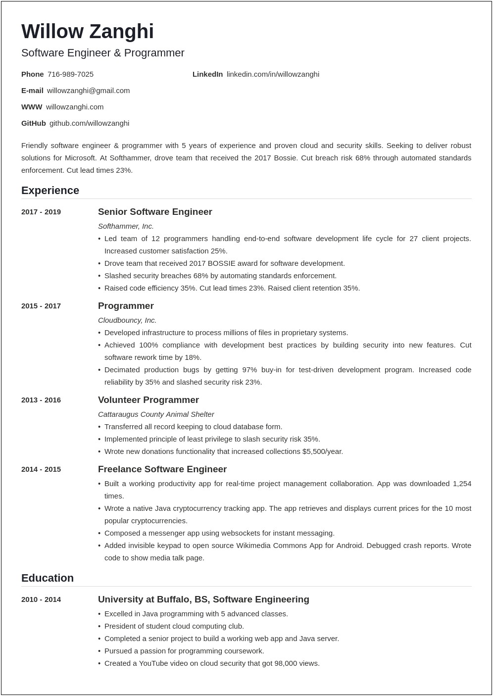Sample Of Resume For Developer