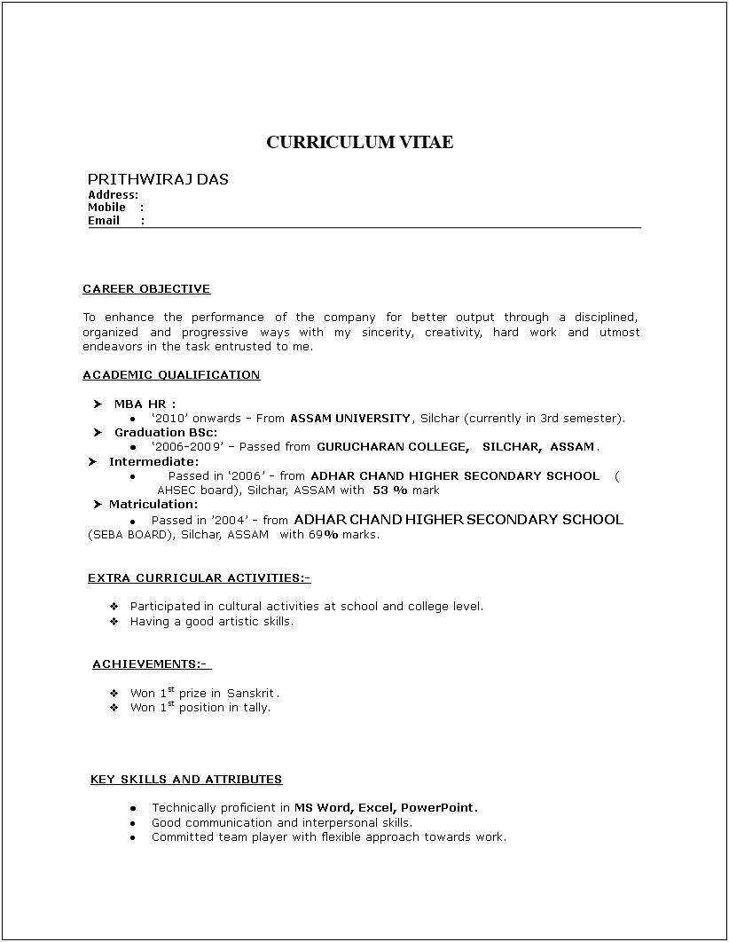Sample Of Resume For Fresher With Master Degree