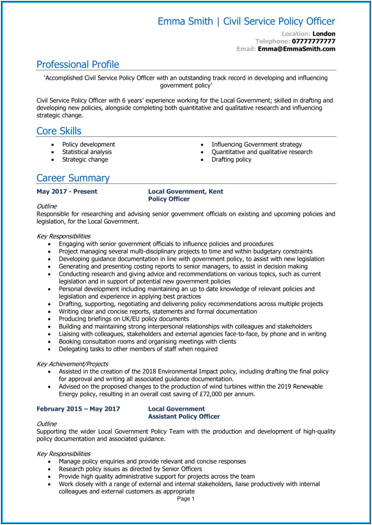 Sample Of Resume For Government Positions 2017