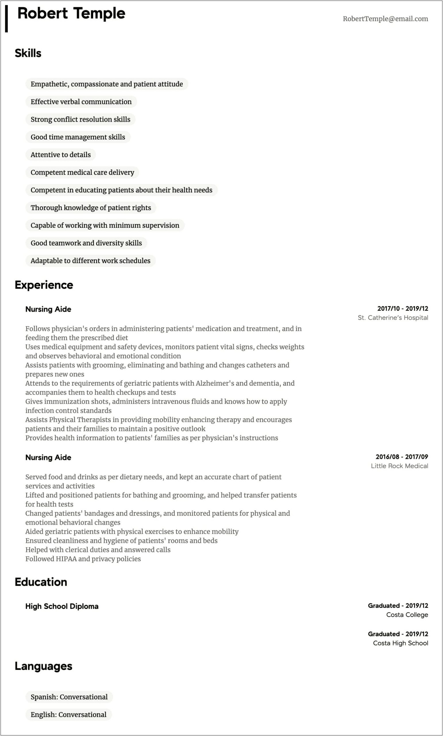 Sample Of Resume For Health Care Aide