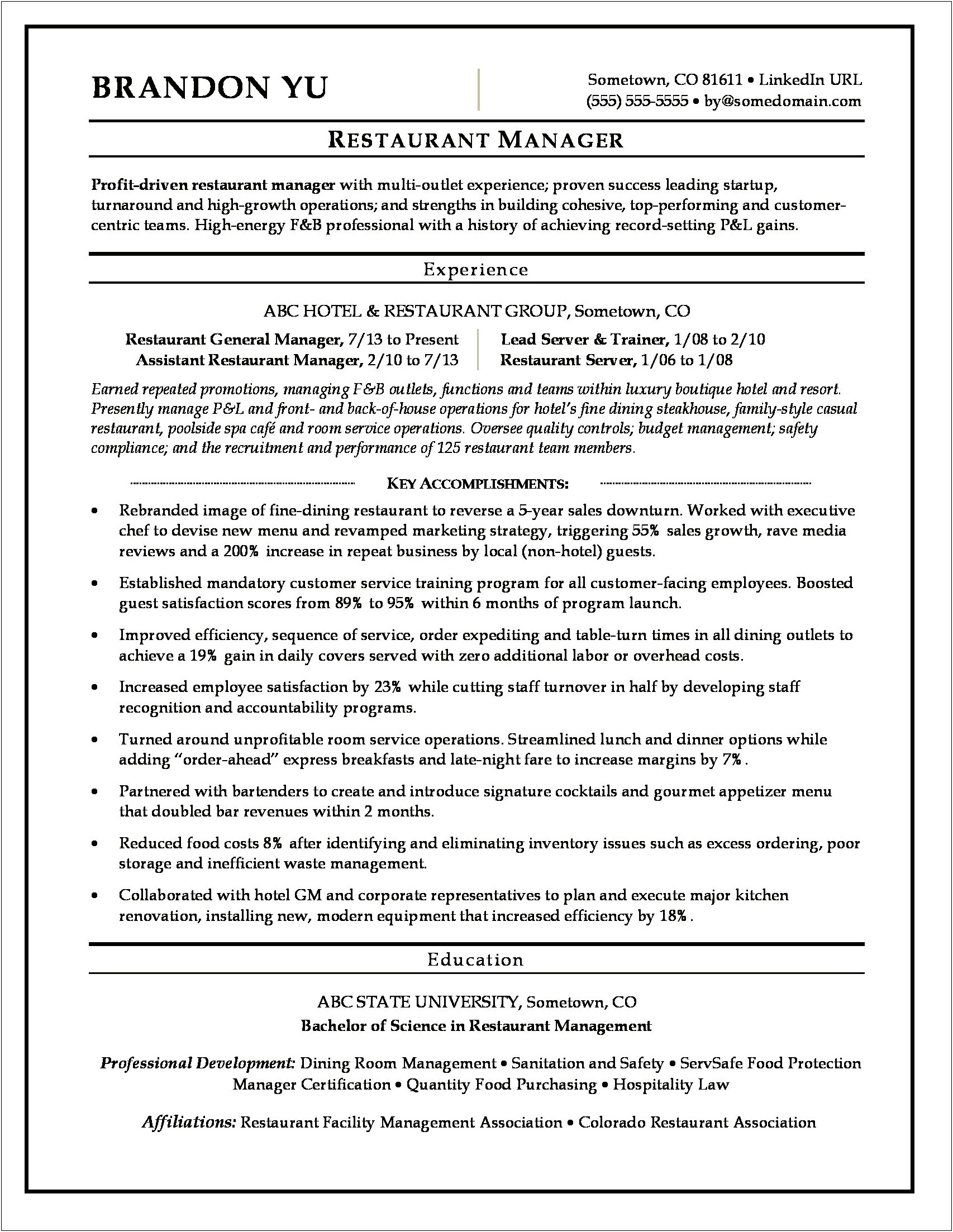 Sample Of Resume For Hotel Management