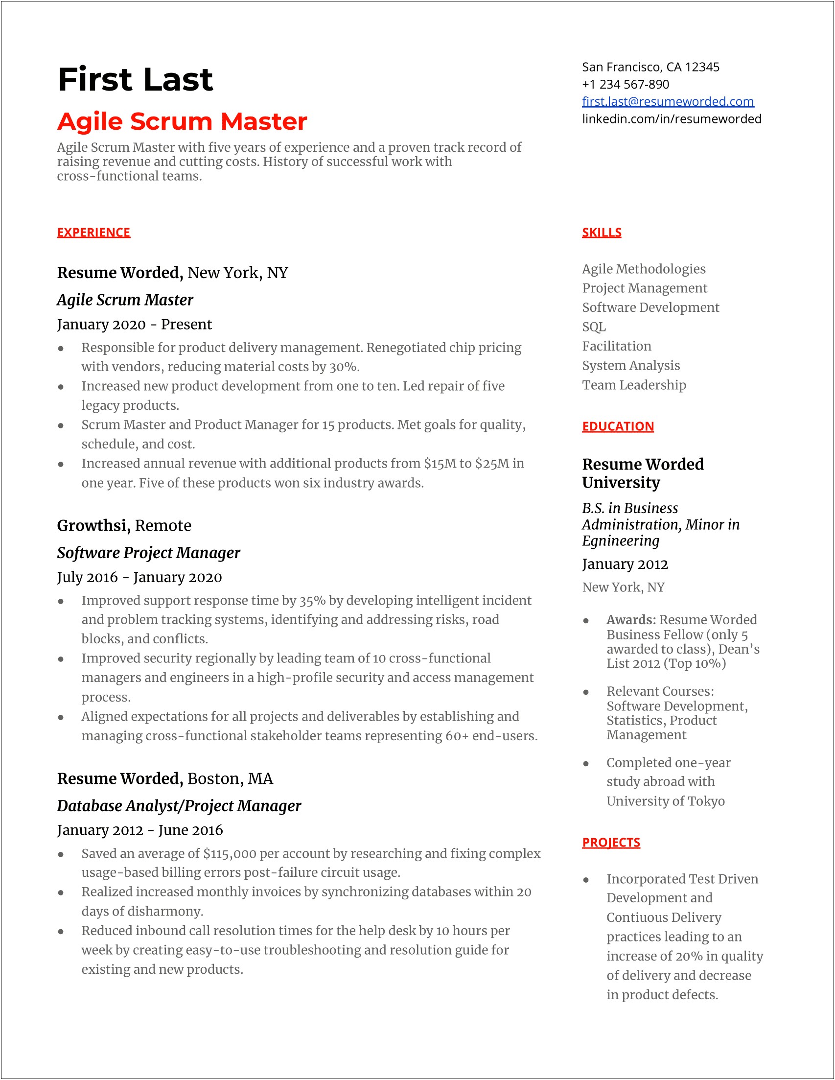 Sample Of Resume For Including Agile Scrum