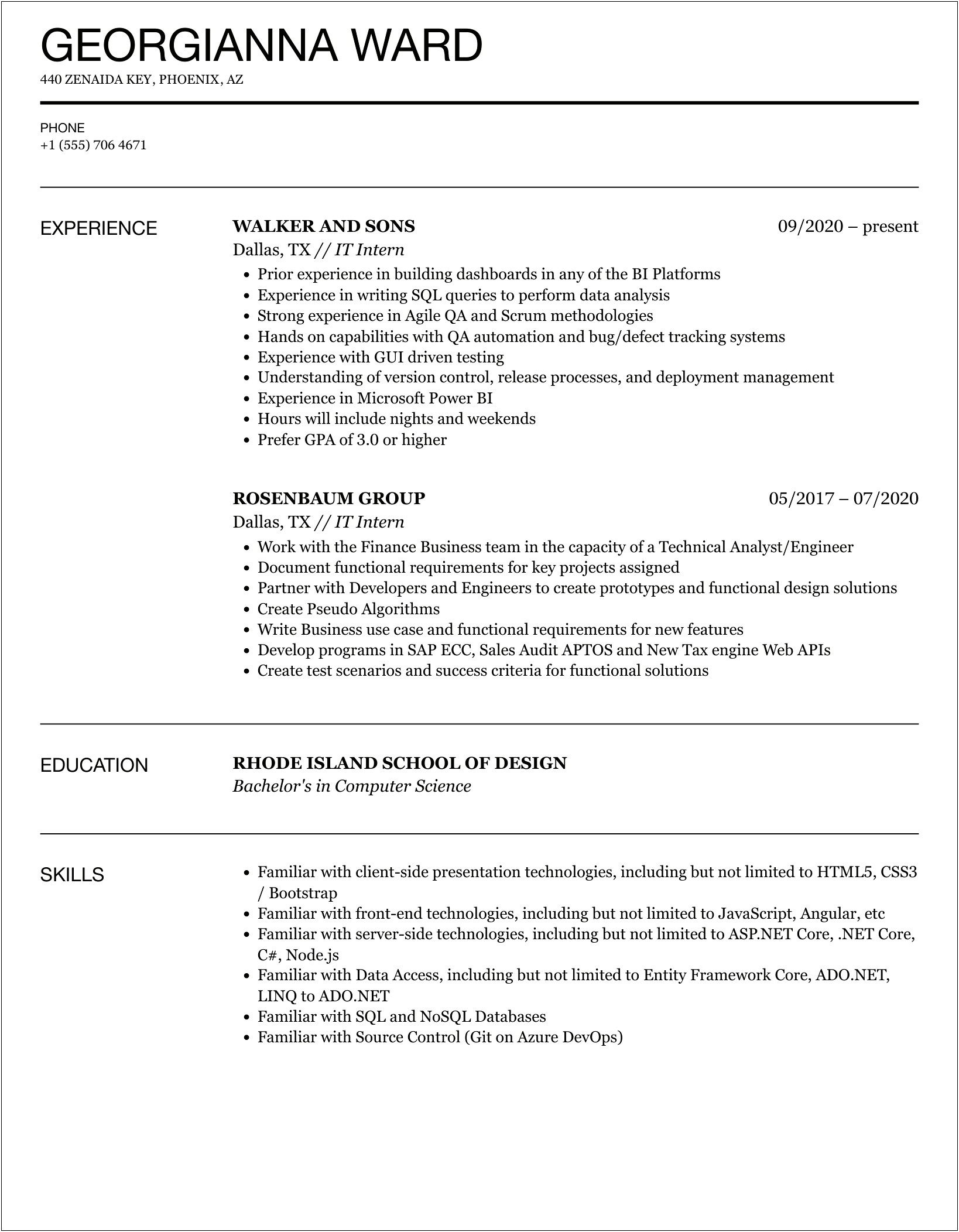 Sample Of Resume For It Internship
