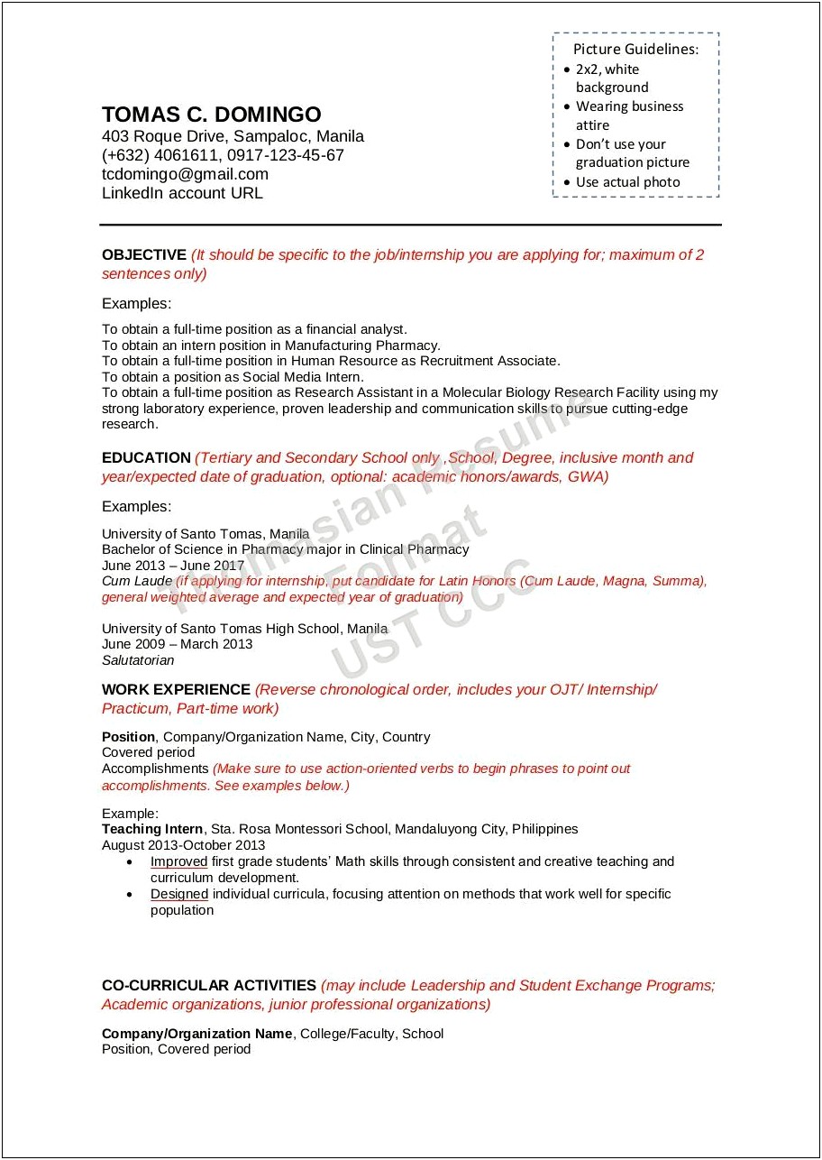 Sample Of Resume For Job Application In Philippines