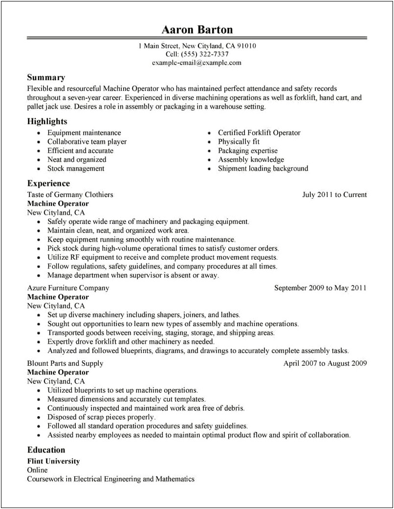 Sample Of Resume For Production Operator Helper