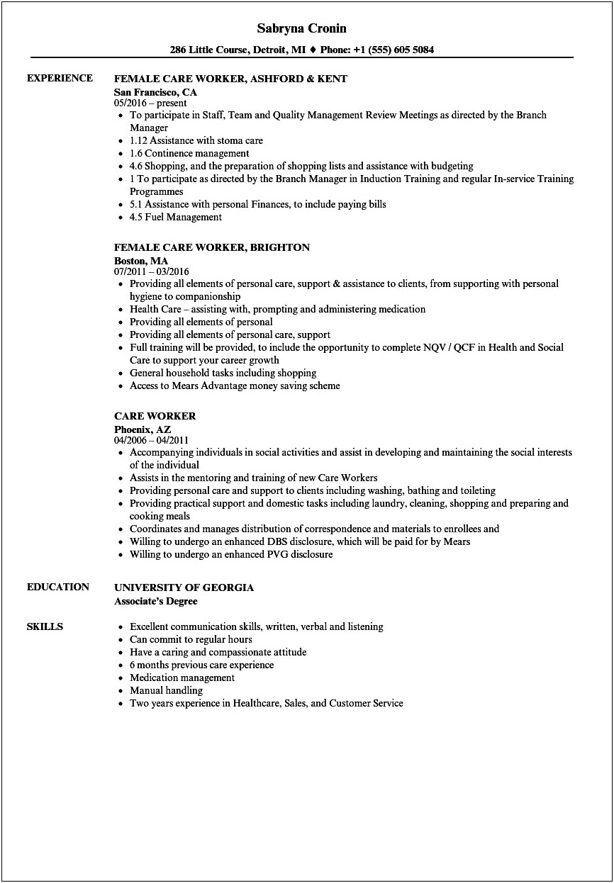 Sample Of Resume For Residential Care Worker