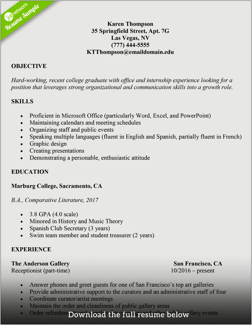 Sample Of Resume For Undergraduate Students