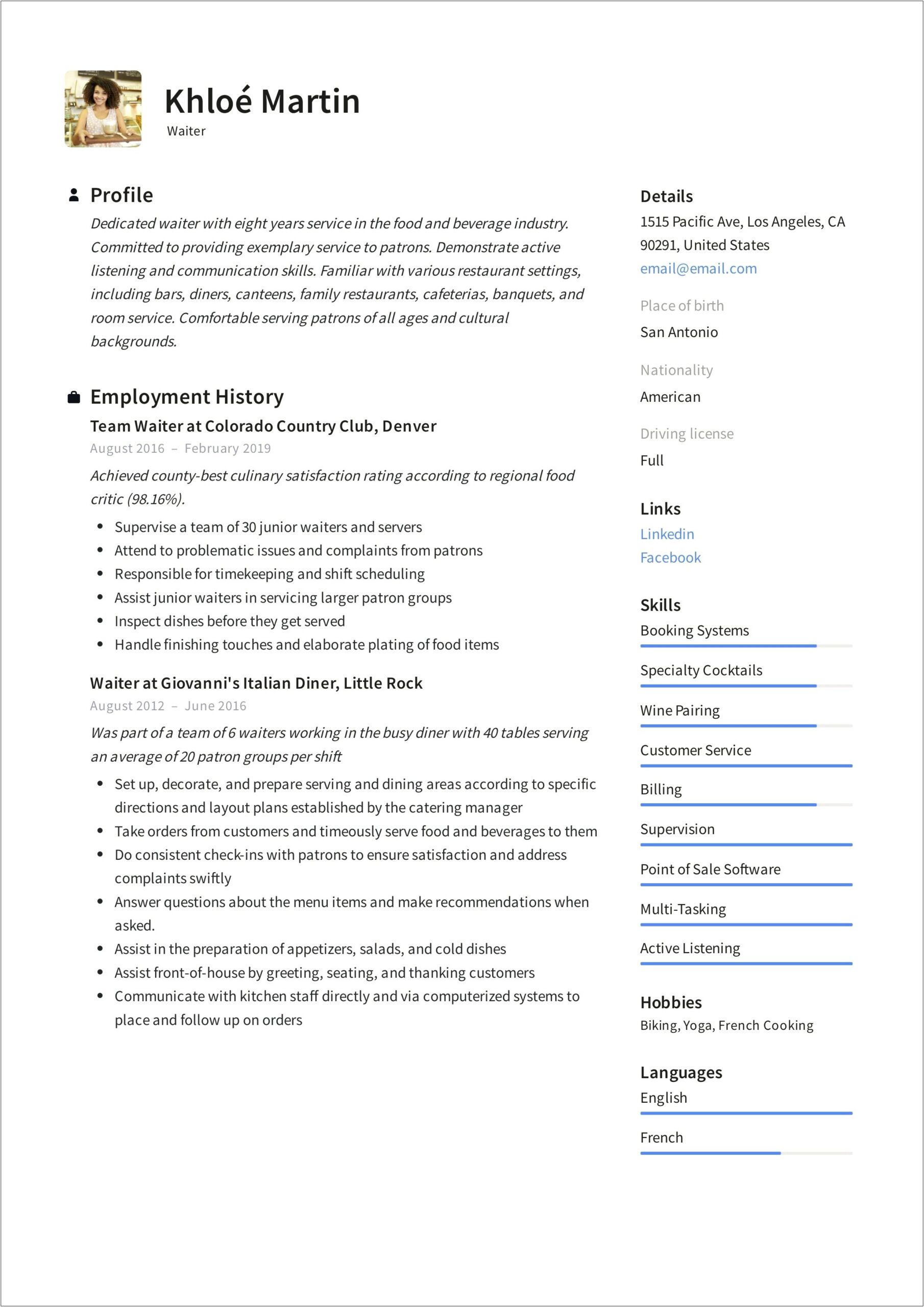 Sample Of Resume For Waitress Position