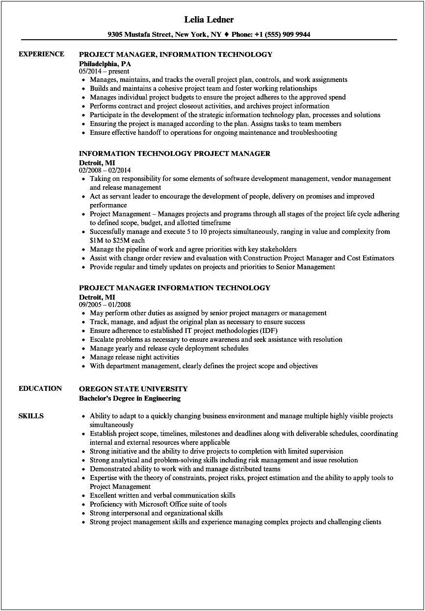 Sample Of Resume Objective For Information Technology