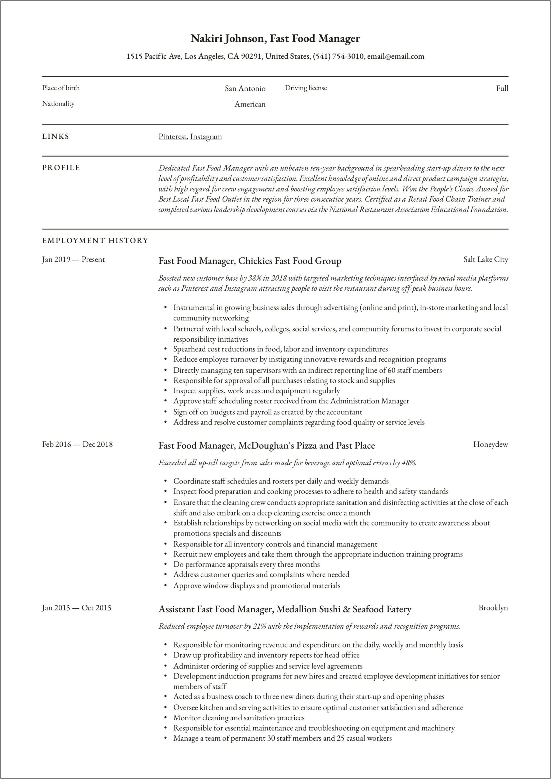 Sample Of Resume Of Chicken Plant Manager