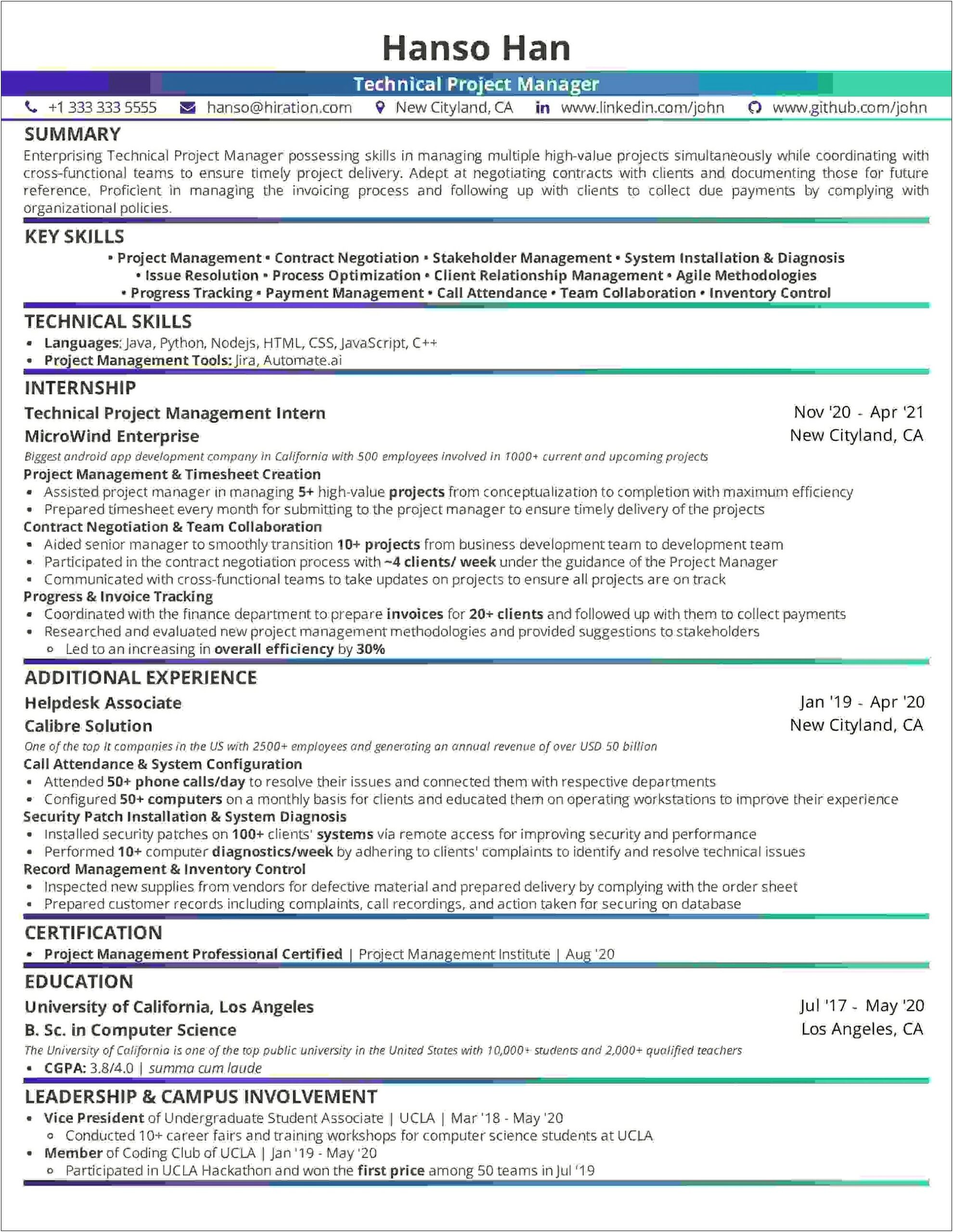 Sample Of Resume Of Project Manager