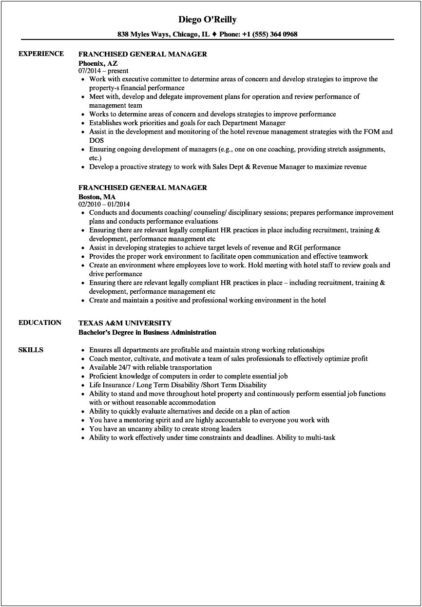 Sample Of Resumes For Hotel General Manager Positions