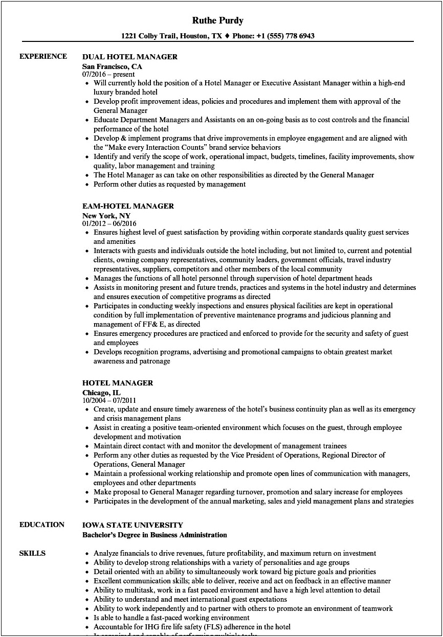 Sample Of Resumes For Hotel Manager Positions