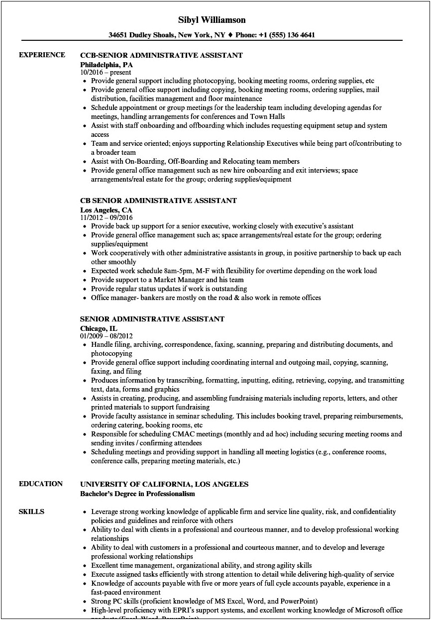 Sample Of Senior Administrative Assistant Resume